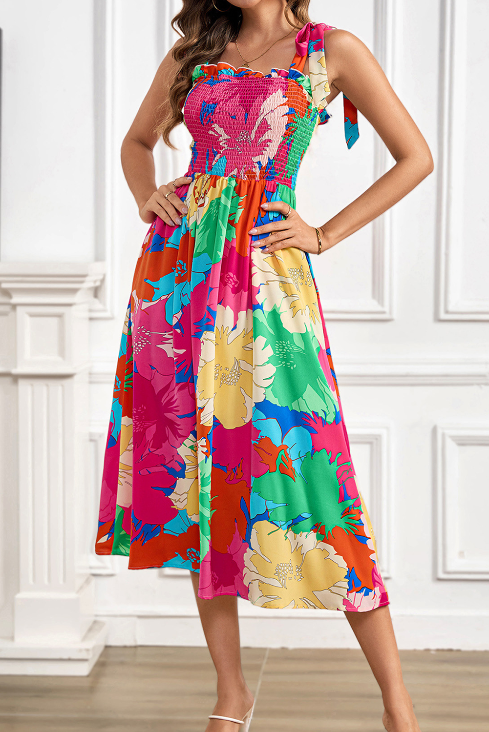 Rose Bold Floral Print Knot Straps Smocked High Waist Midi Dress