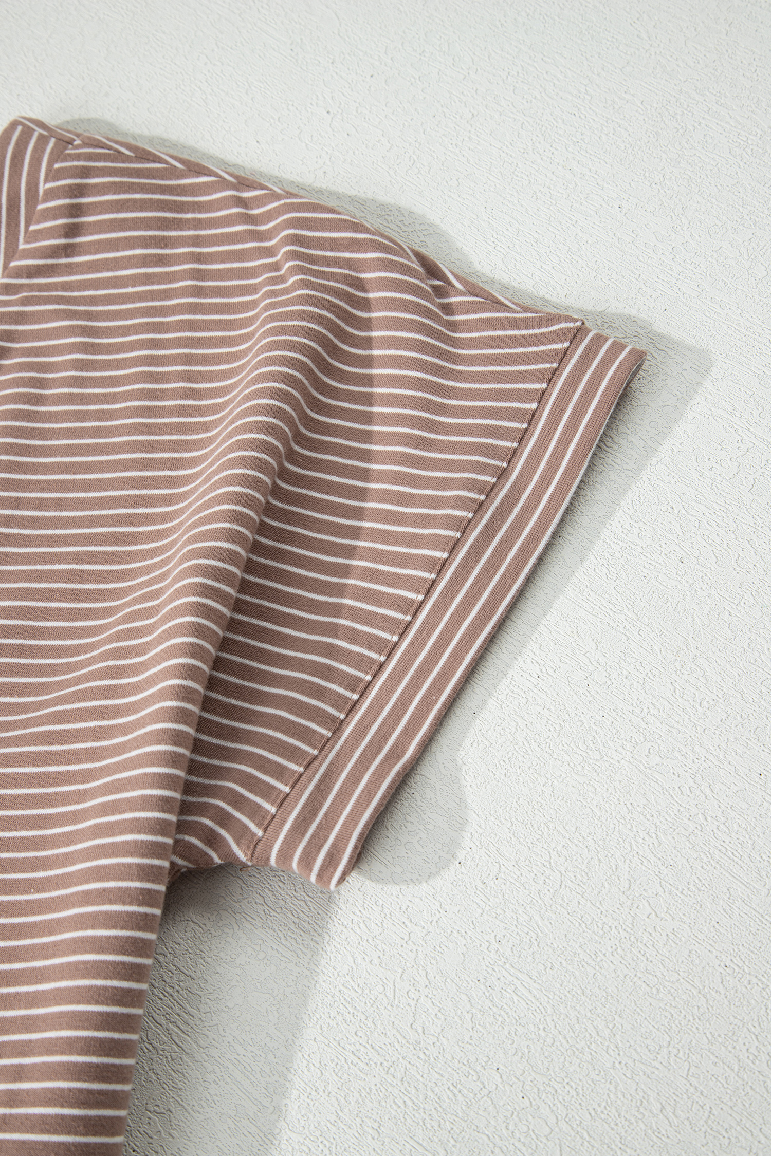 Khaki Stripe Buttoned V Neck High Low Side Slit T Shirt