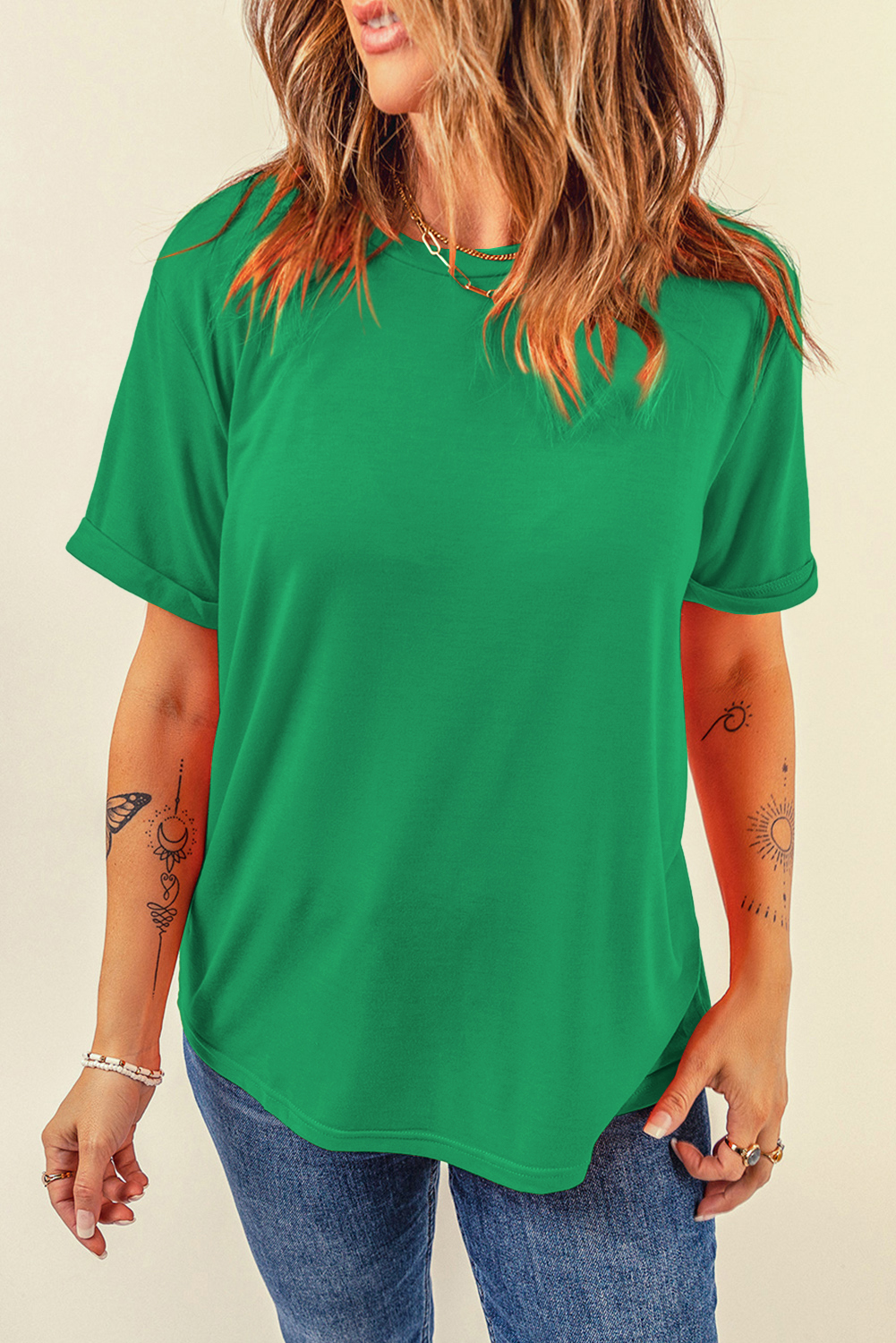 Khaki Casual Plain Crew Neck Tee