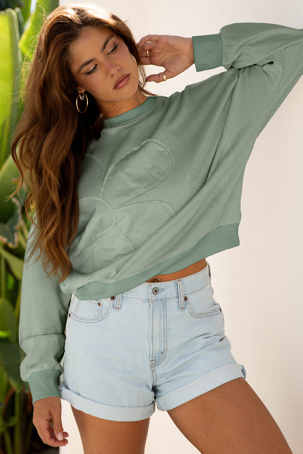 Beige Raw Edge Flower Patch Drop Shoulder Casual Top