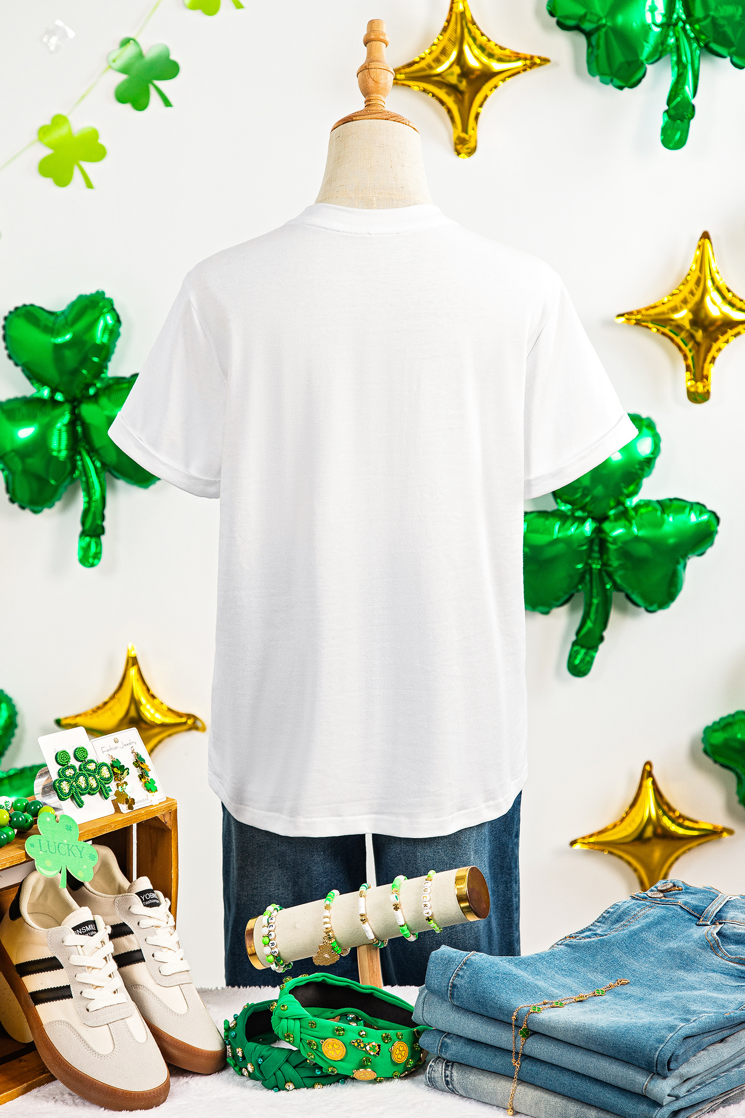 White IRISH Leopard Clover Embroidered Patch Graphic Tee