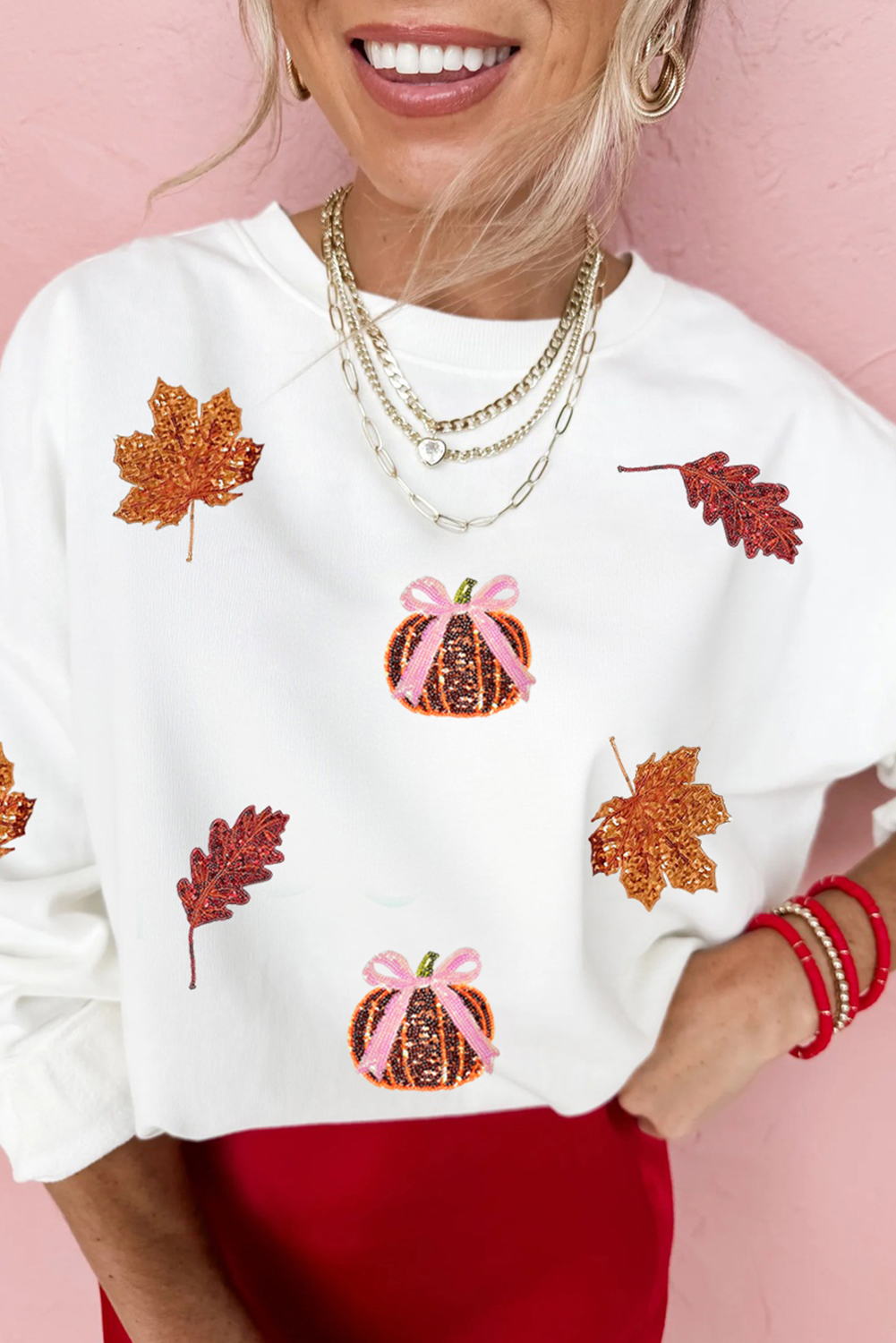 White Sequined Pumpkin Leaves Fall Vibe Graphic T Shirt
