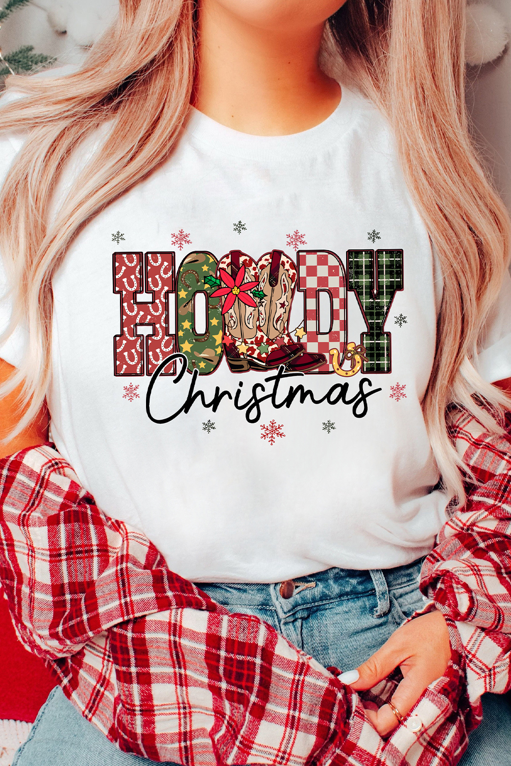 White Western HOWDY Christmas Festive Letter Printed Crew Neck T Shirt