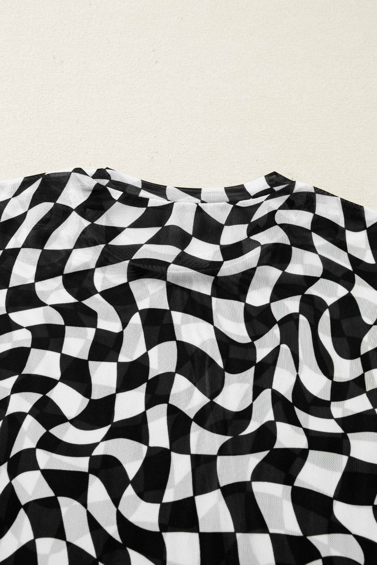 Purple Checkered Print Mock Neck Mesh T Shirt