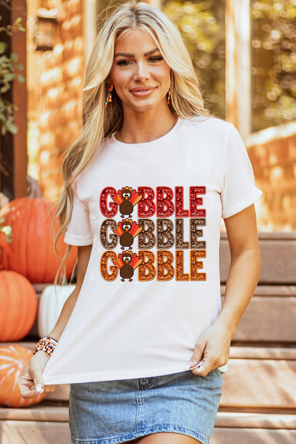 White GOBBLE Thanksgiving Turkey Print T Shirt