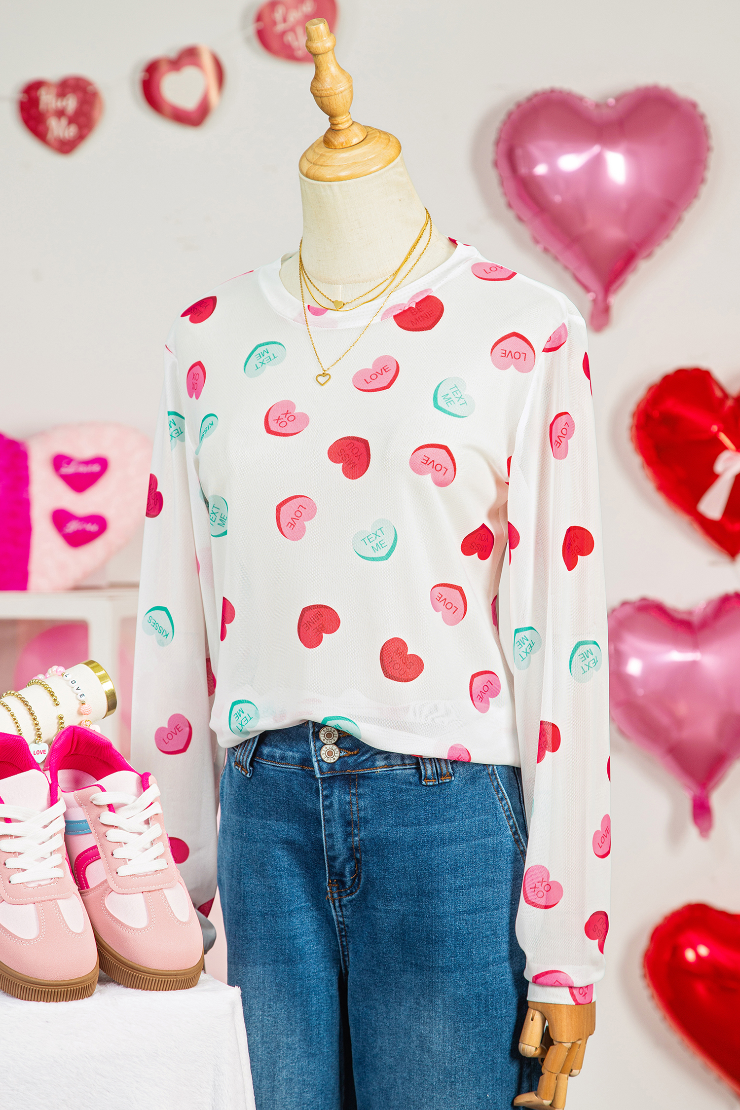 White Sheer Mesh Valentines Slogan Heart Printed Long Sleeve Top