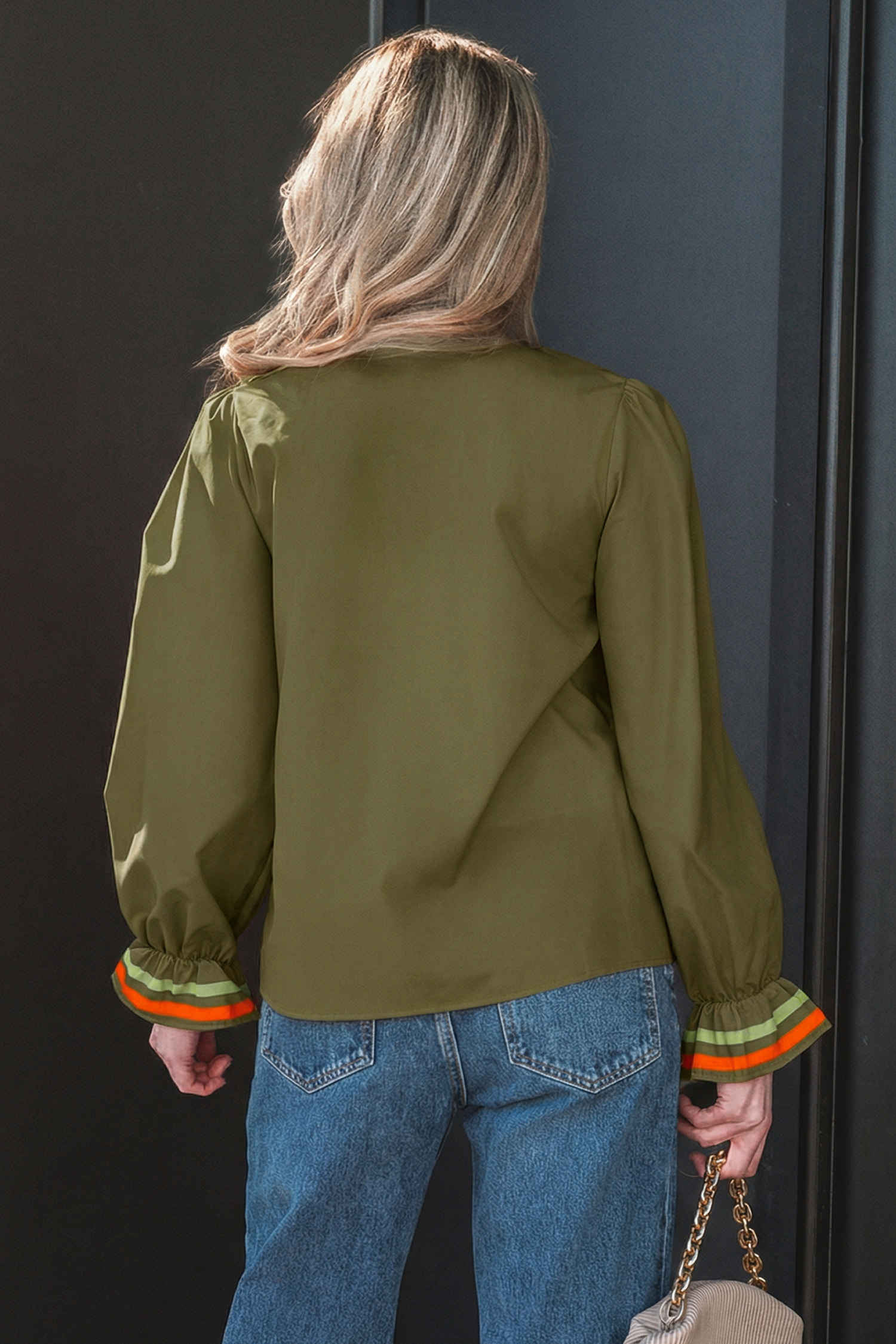 Four Leaf Clover Striped Trim Ruffle Split Neck Long Sleeve Blouse