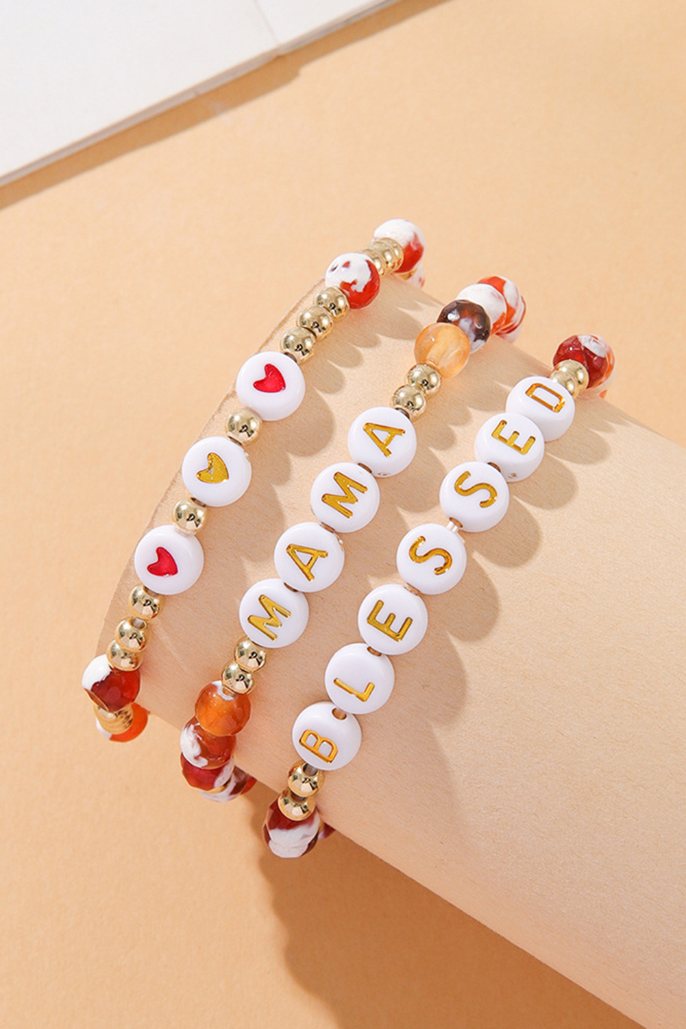 Gold MAMA Beaded Triple Layer Bracelet Set