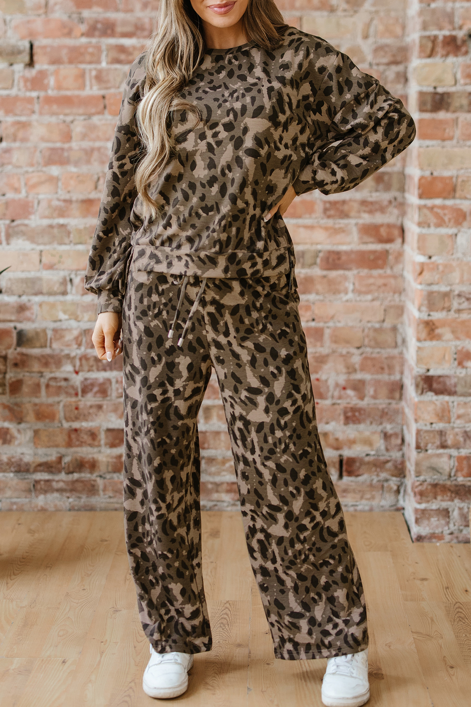 Brown Leopard Loose Tee Drawstring Waist Barrel Pants Set
