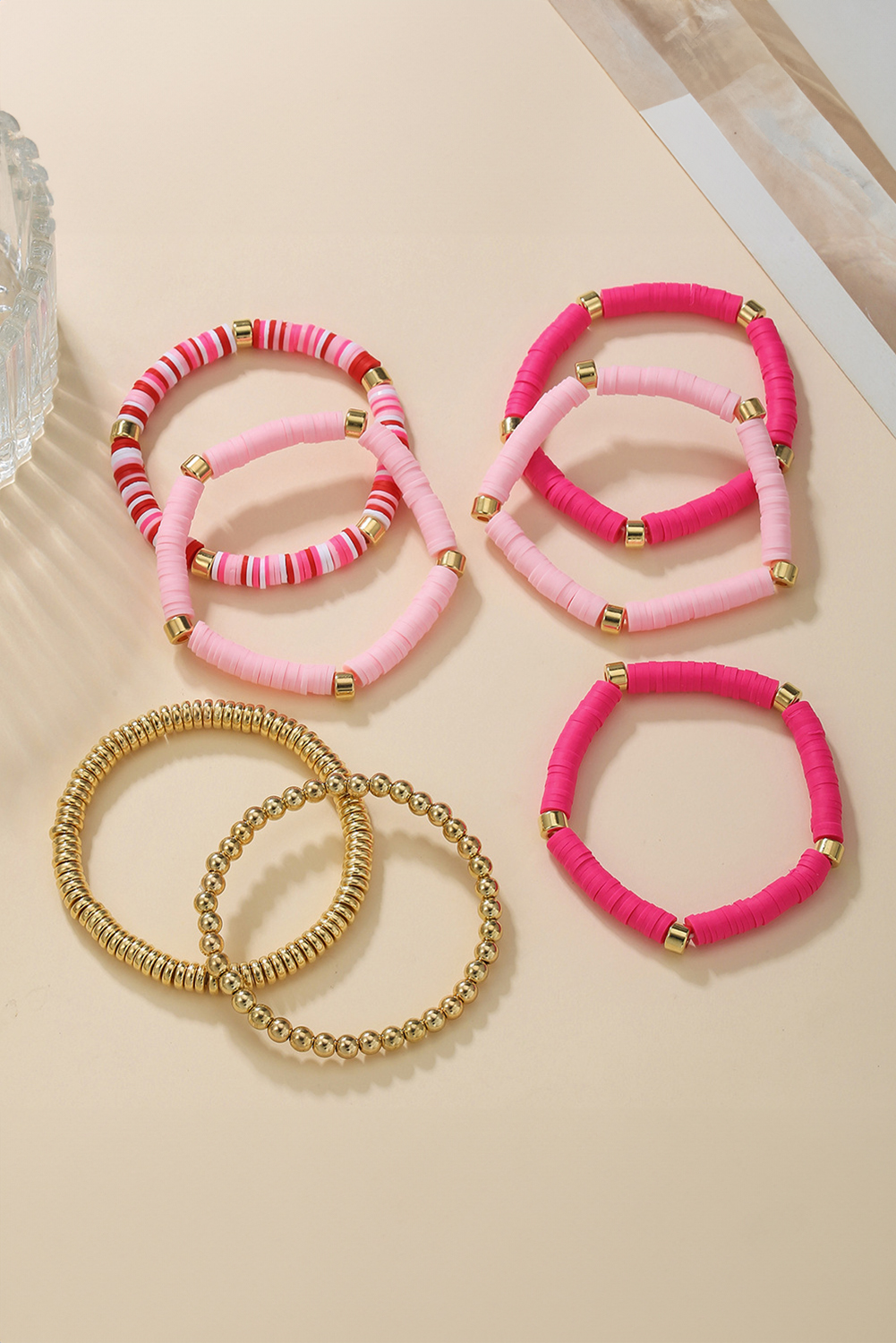Bright Pink 7pcs Gold Plated Clay Beading Multi Layered Bracelet Set