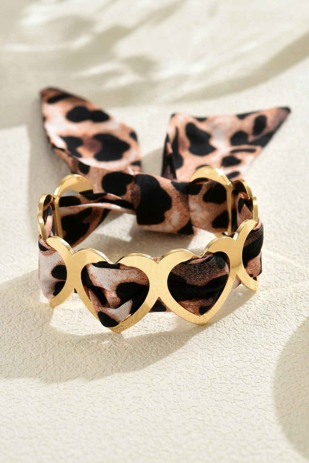 Camel Leopard Ribbon Twine Around Gold Plated Heart Bracelet