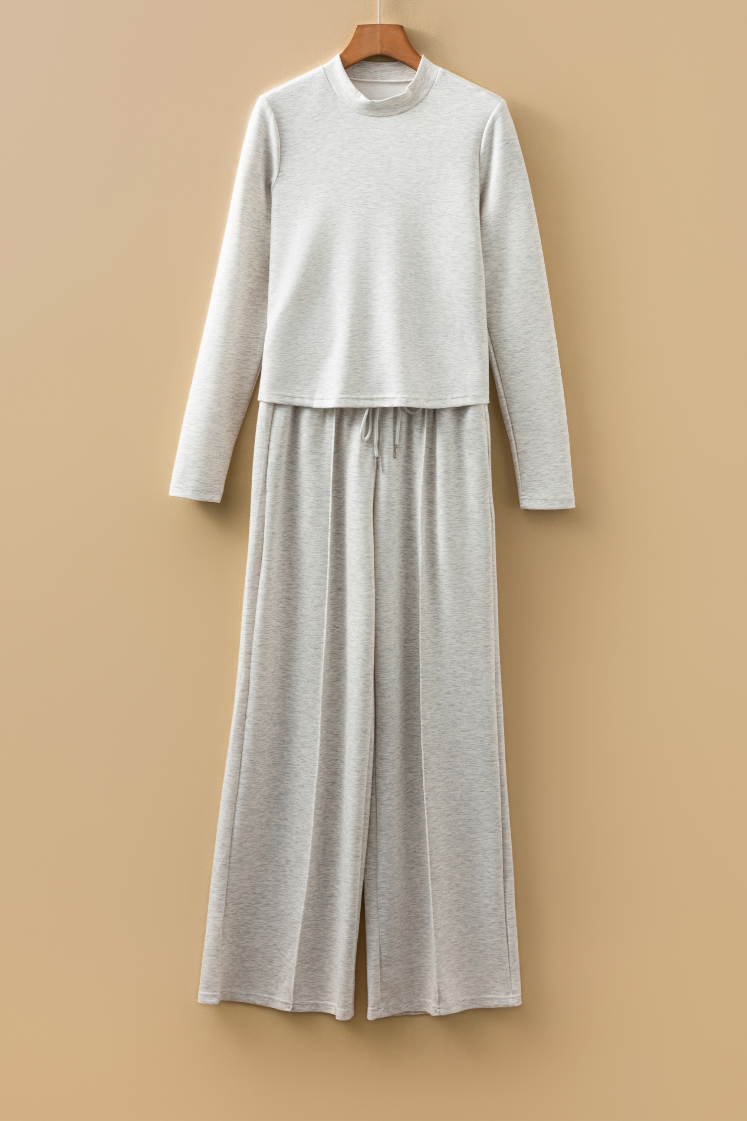 Light Grey Long Sleeve High Neck Slim Top Smocked Waist Central Seam Pants Set