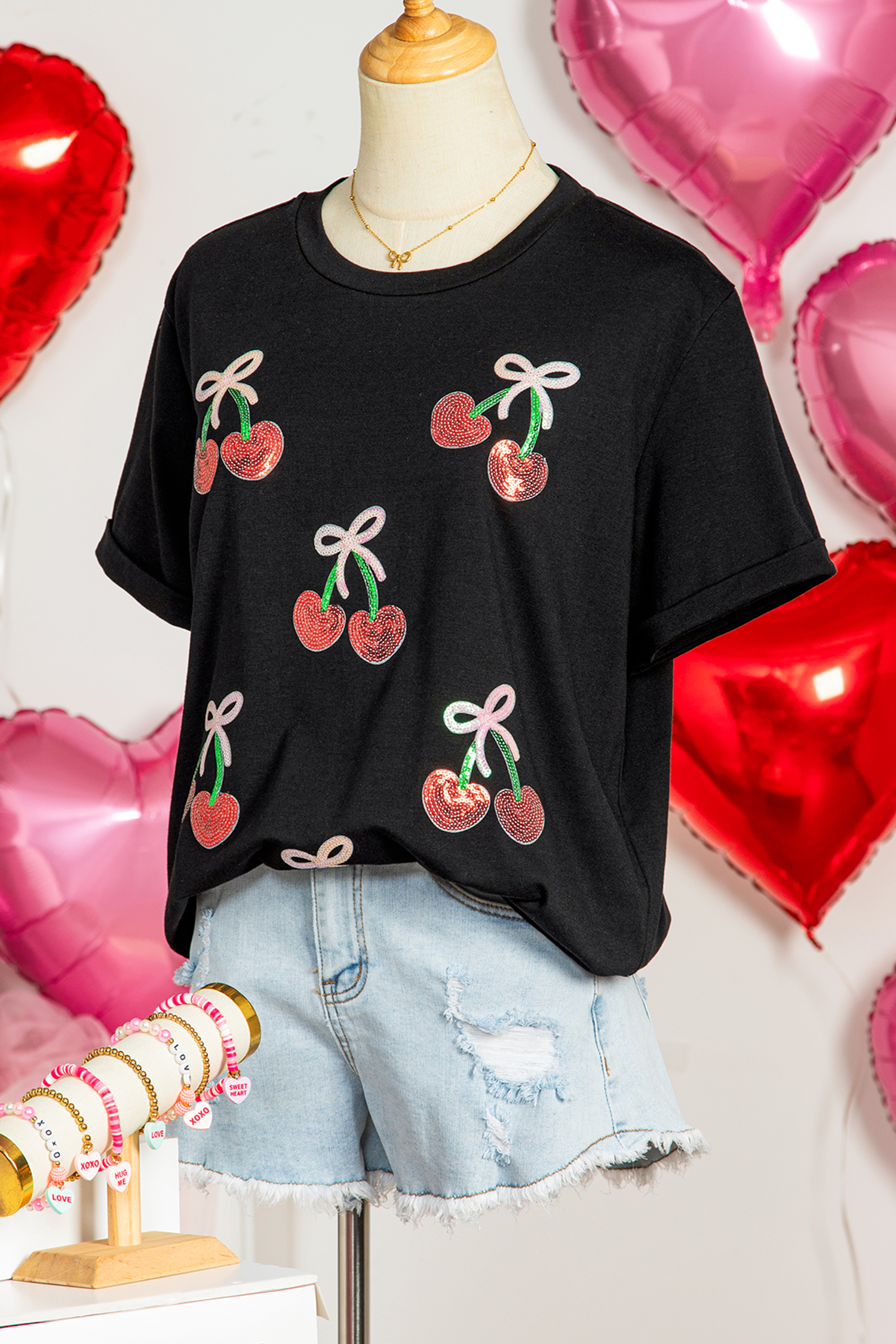 Black Sequin Bow Cheery Patched Valentines Graphic Tee