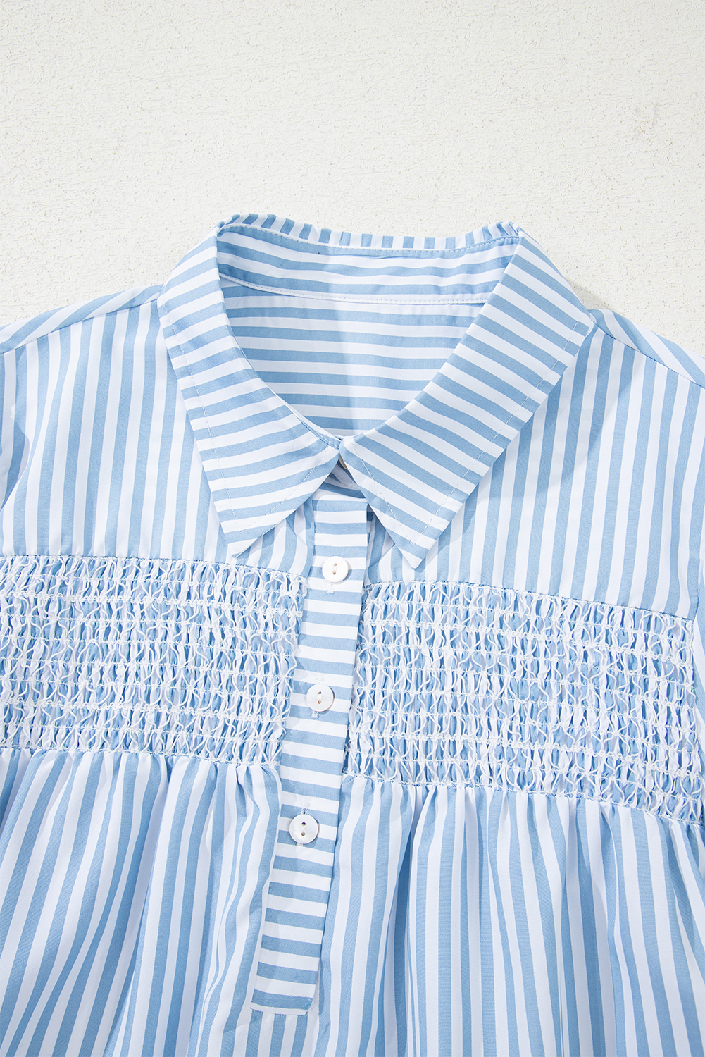 Sky Blue Stripe Shirred Detail Half Placket Collared Long Sleeve Fall Shirt