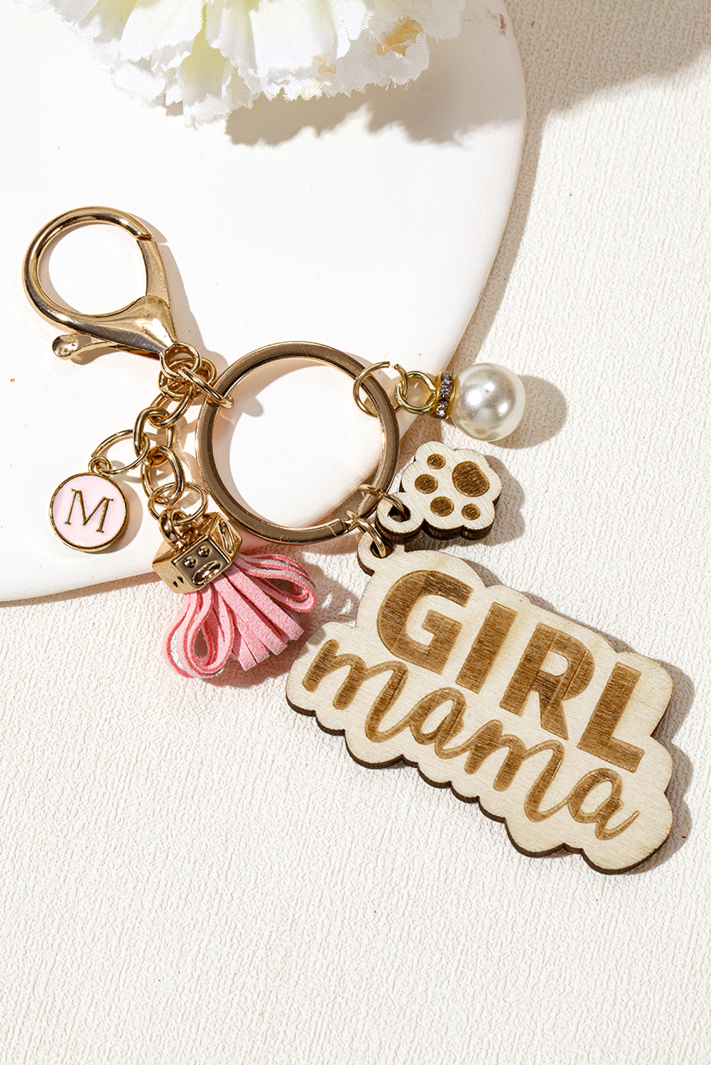 Pink Girl Mama Dog Claw Pearl Tassel Keychain