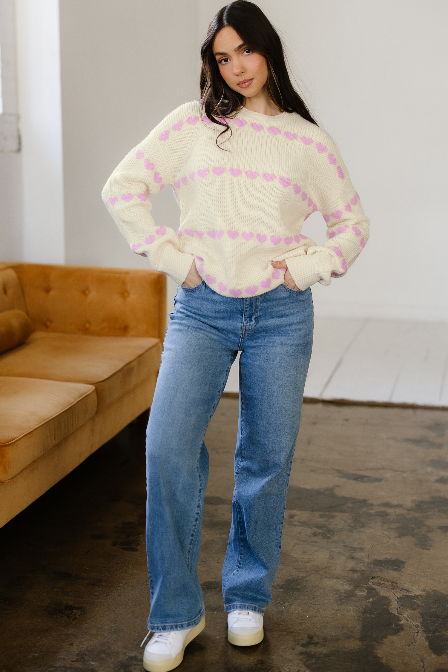 Pink Heart Pattern Valentine Ribbed Knit Sweater