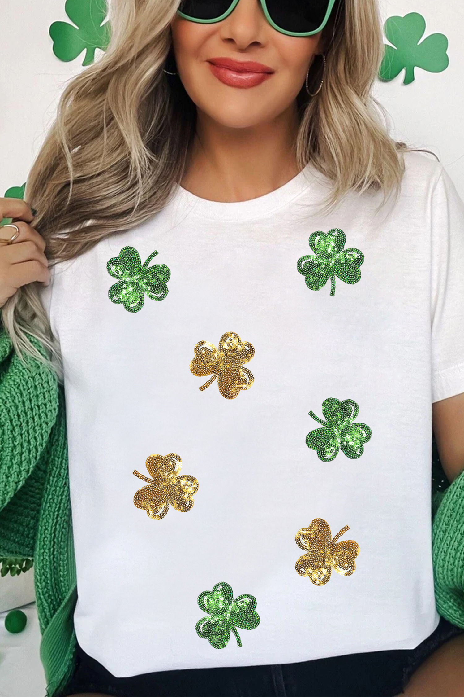 White 2-tone Sequin Clovers St Patricks Day T Shirt