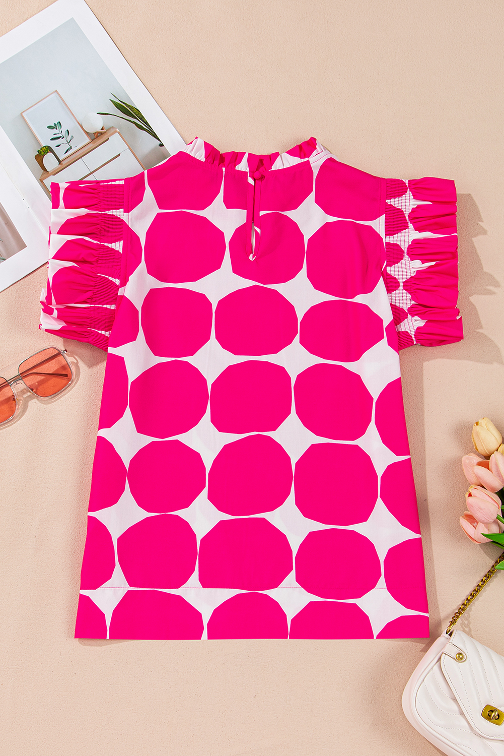 Rose Bubblegum Pattern Frilled Collar Flutter Sleeve Top