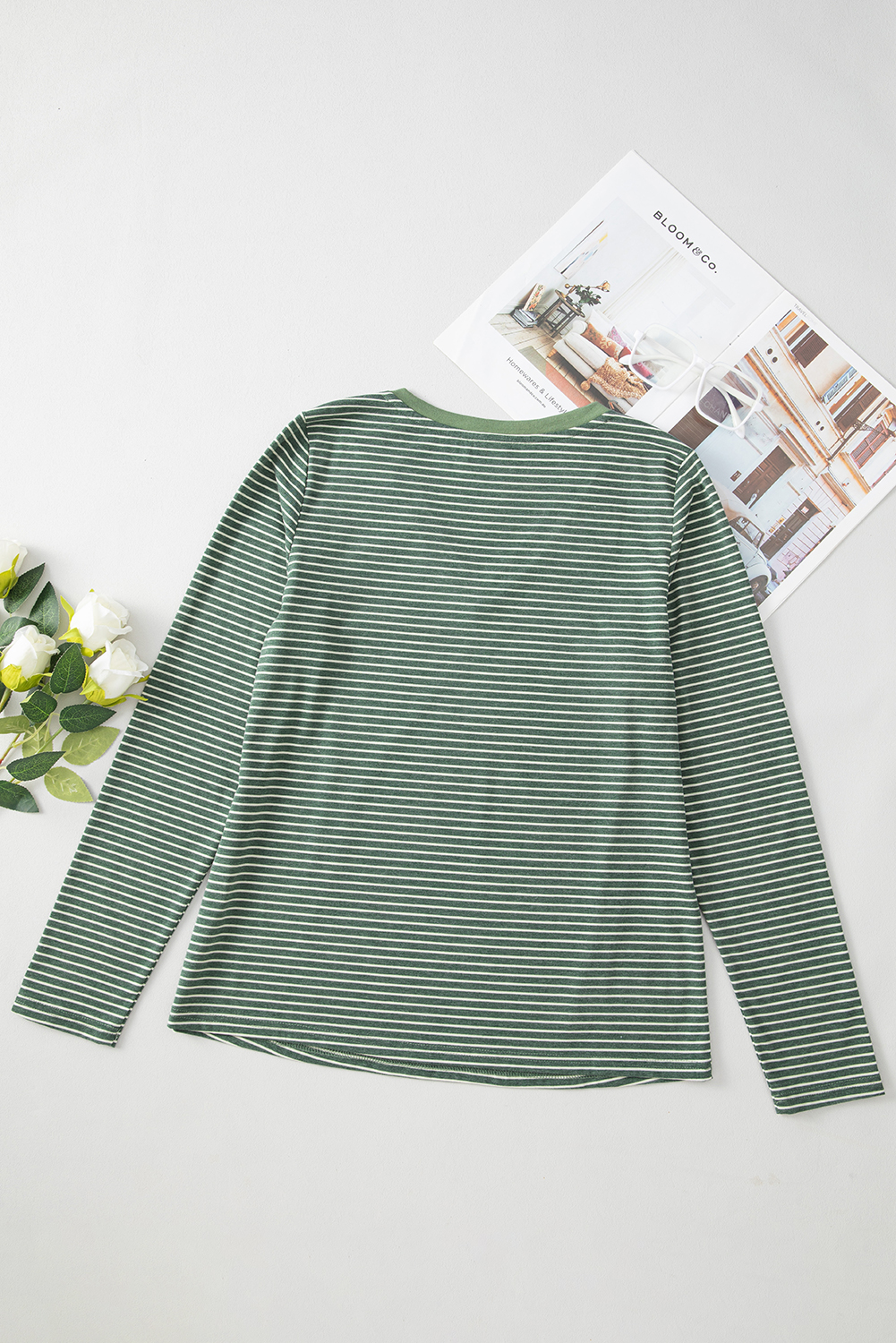 Green Stripe V Neck Stretchy Long Sleeve Top