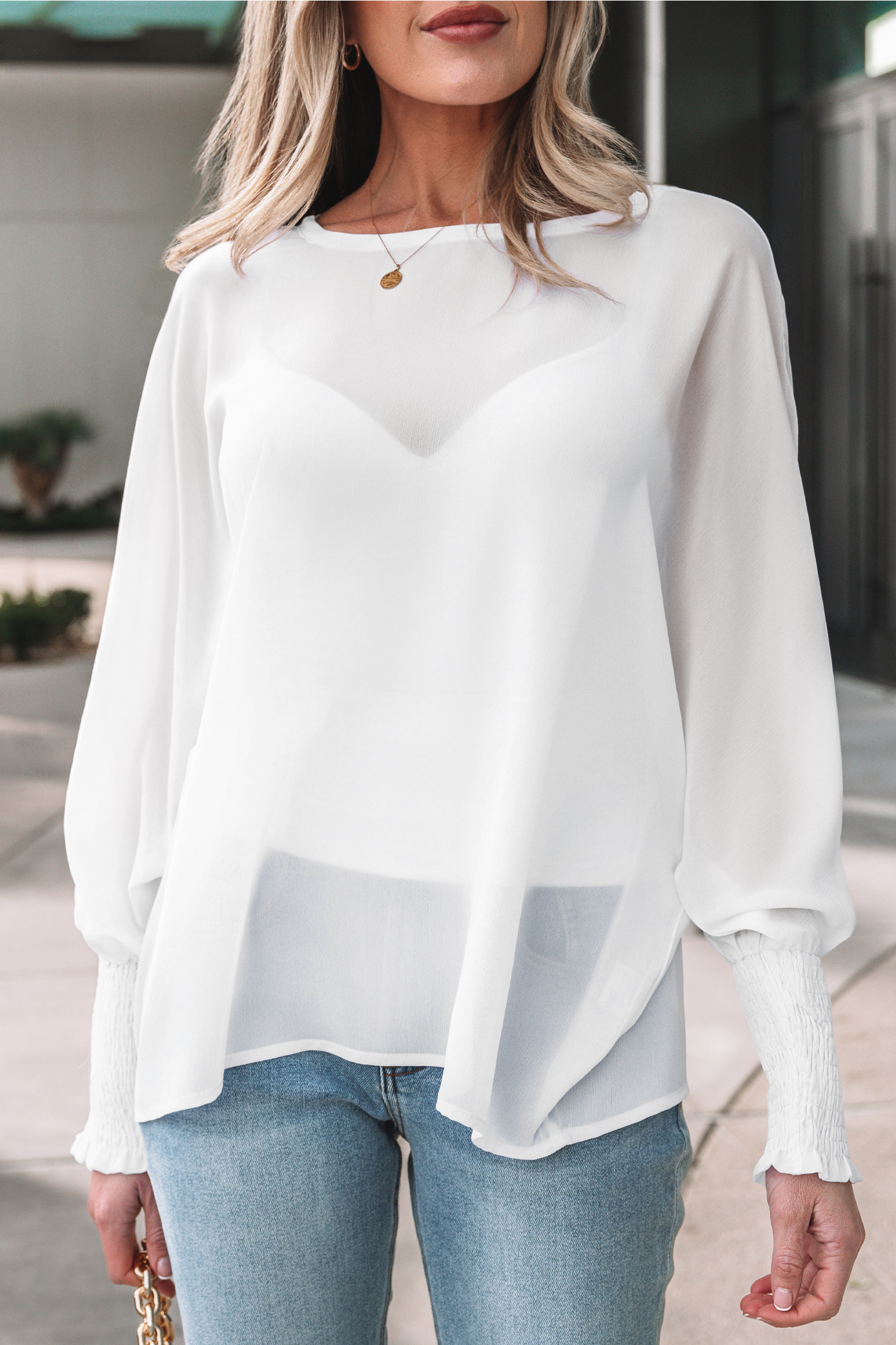 White Smocked Cuffs Semi Sheer Long Sleeve Dolman Blouse