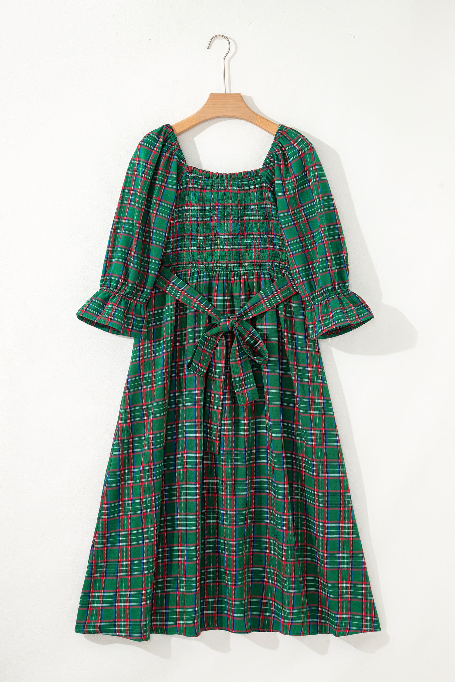 Red Tartan Plaid Square Neck Puff Sleeve Knot Waist Flared Midi Dress