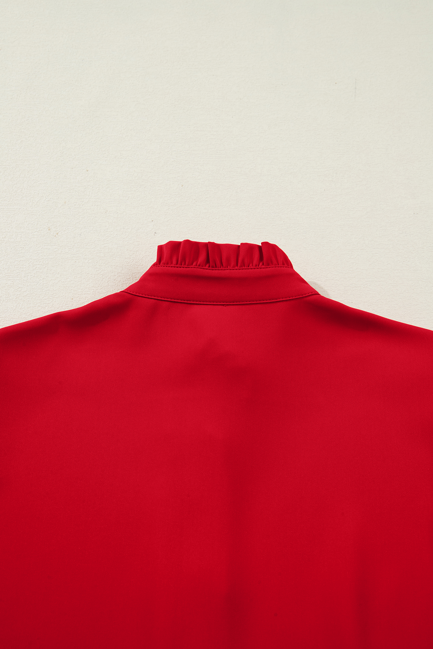 Fiery Red Frilled Trim Button Up Pleated Long Sleeve Shirt