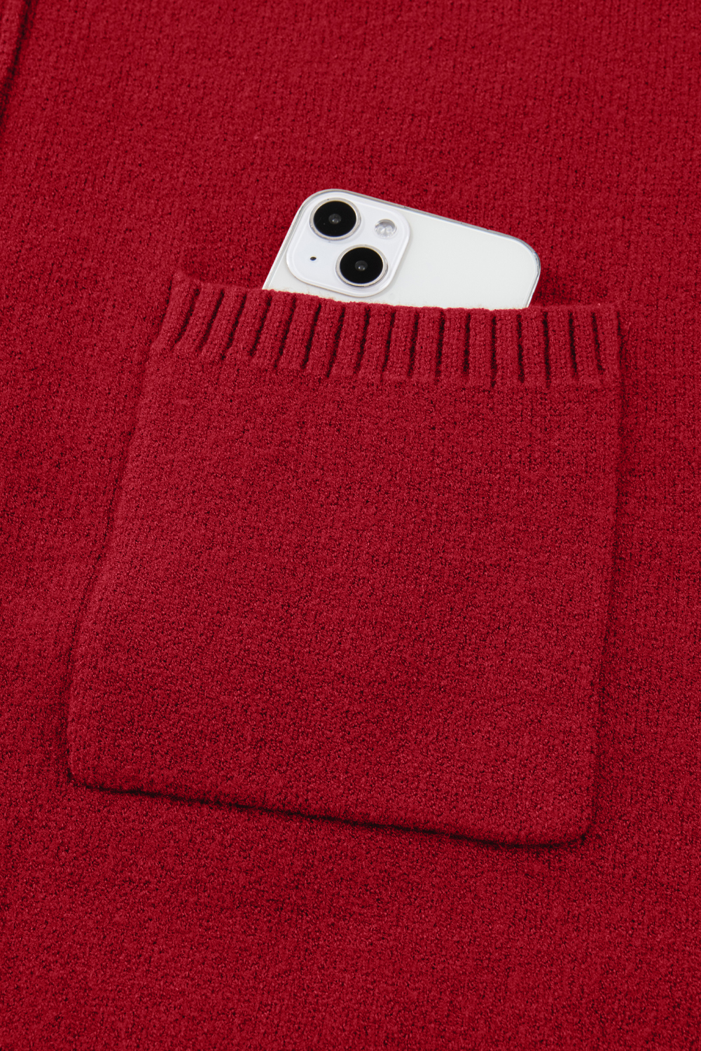 Fiery Red Ribbed High Neck Front Pockets Center Seam Shift Sweater Dress