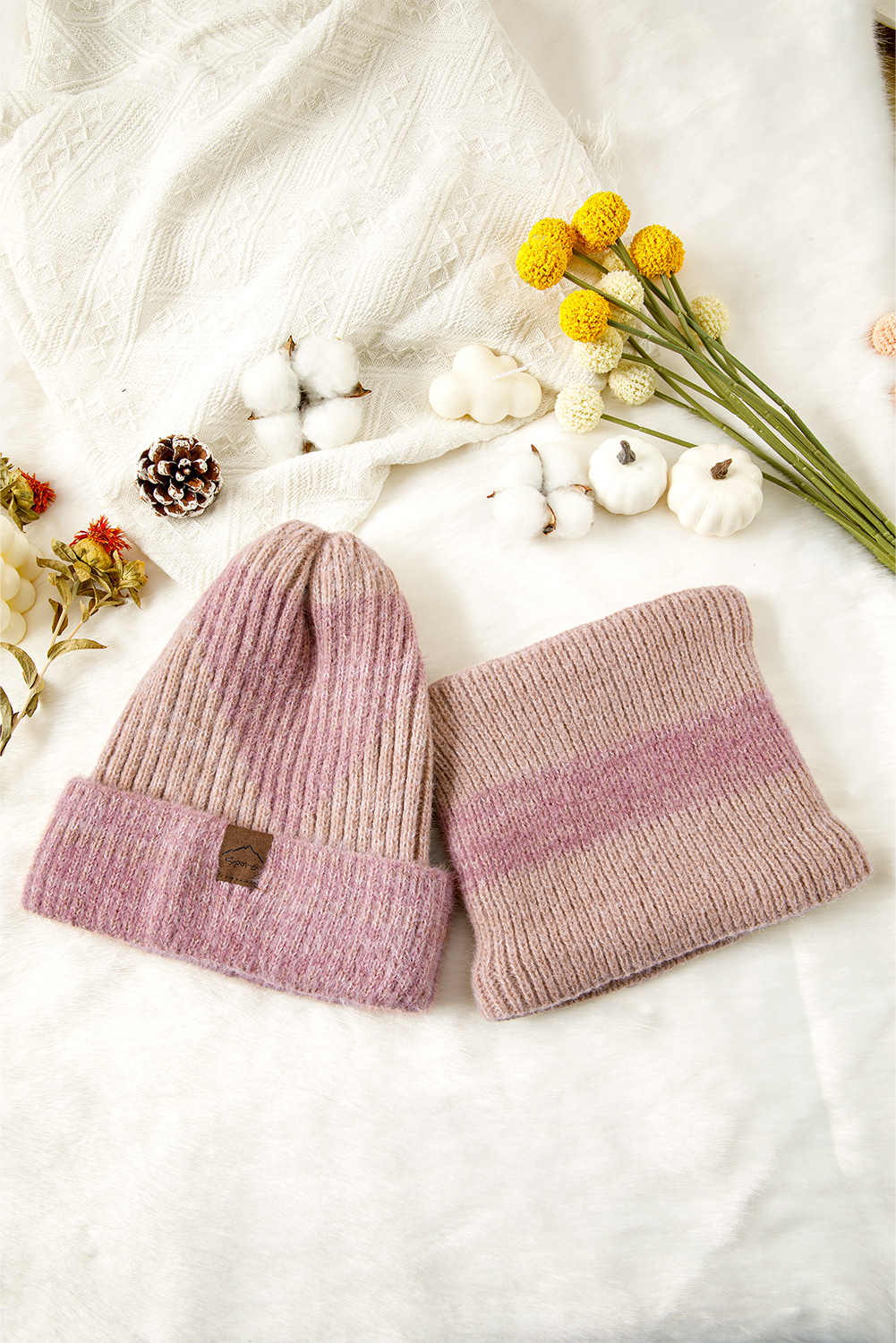 Peach Blossom Cozy Sherpa Liner Stylish Knitted Beanie and Scarf Set