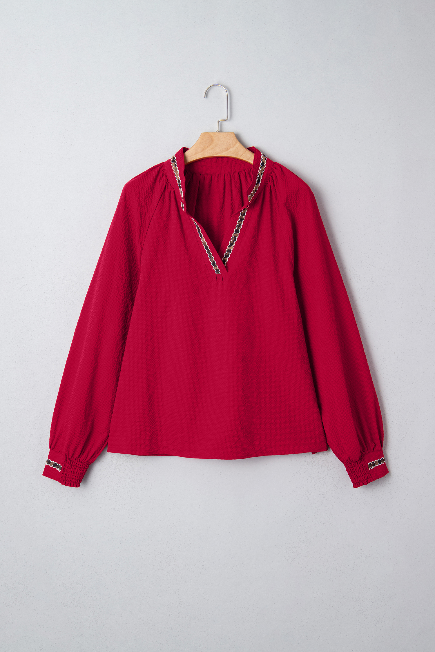 Racing Red Leopard Jacquard Print V Neck Textured Blouse