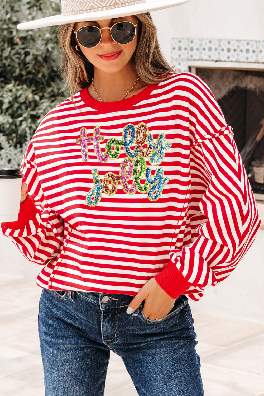 Red Stripe Holly Jolly Sequin Graphic Drop Shoulder Long Sleeve Top