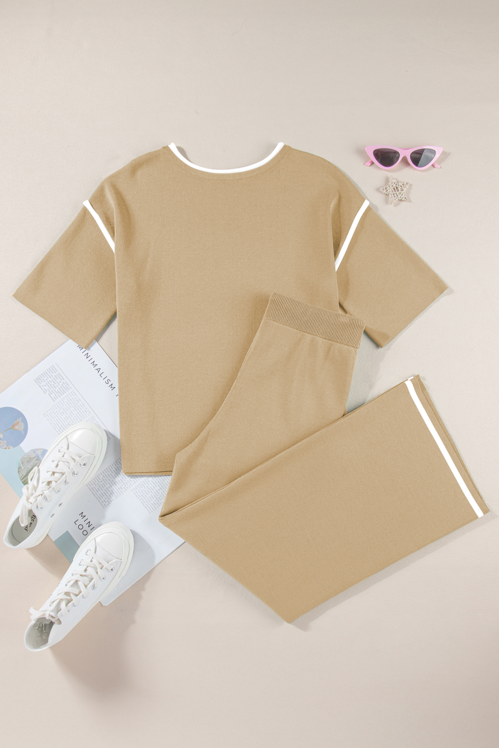 Blackish Green Contrast Trim Half Sleeve Top Drawstring Pants Loose 2pcs Sweater Suit