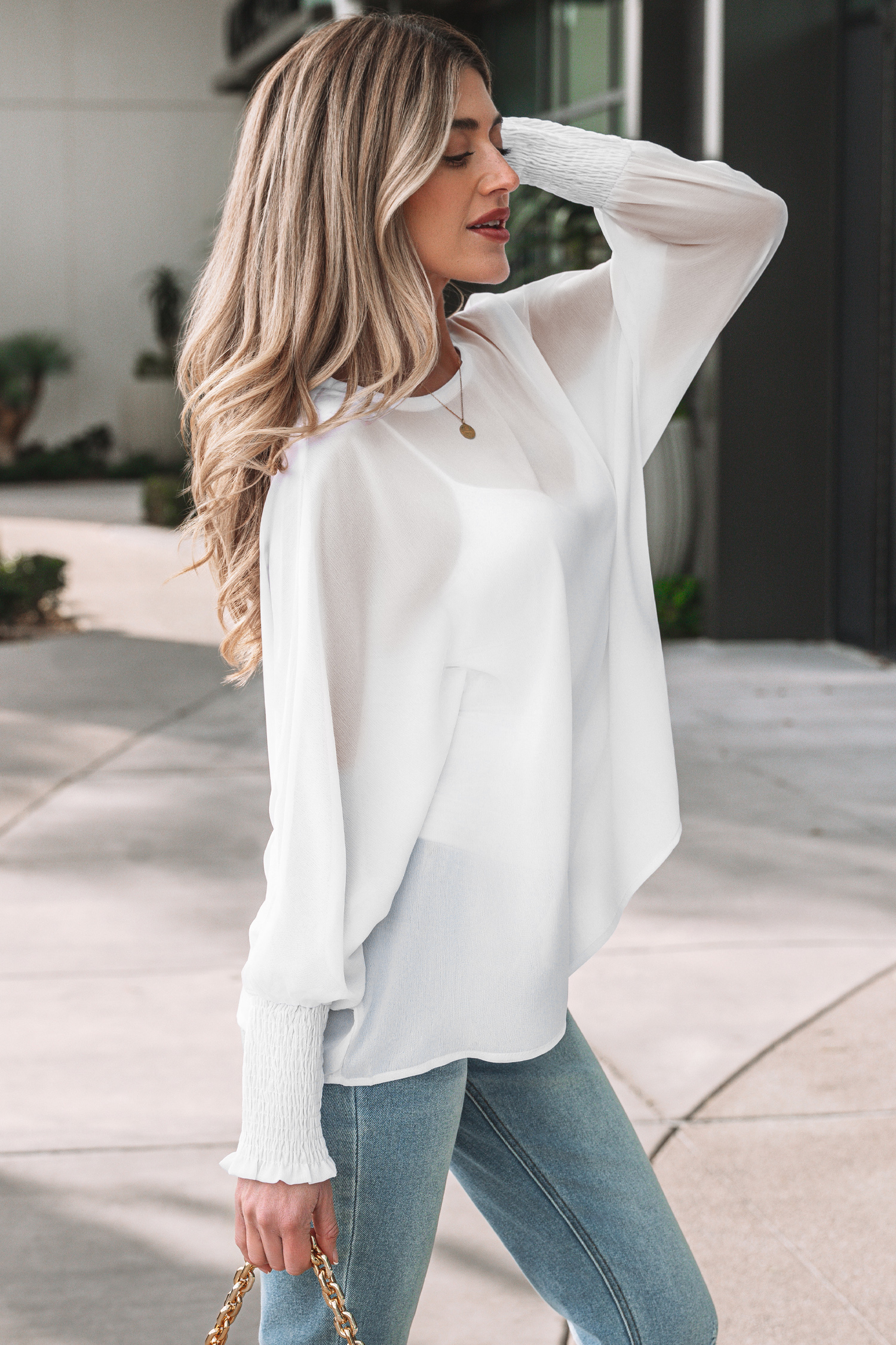 White Smocked Cuffs Semi Sheer Long Sleeve Dolman Blouse