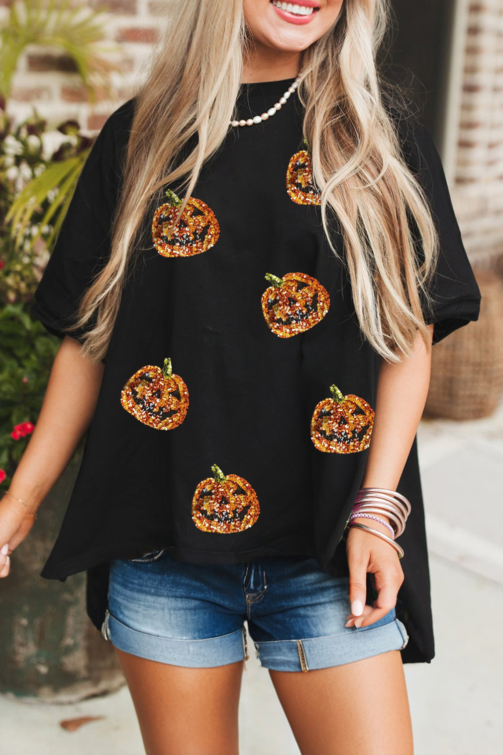 Black Sequin Jack-o-lantern Pattern Halloween Casual Tee