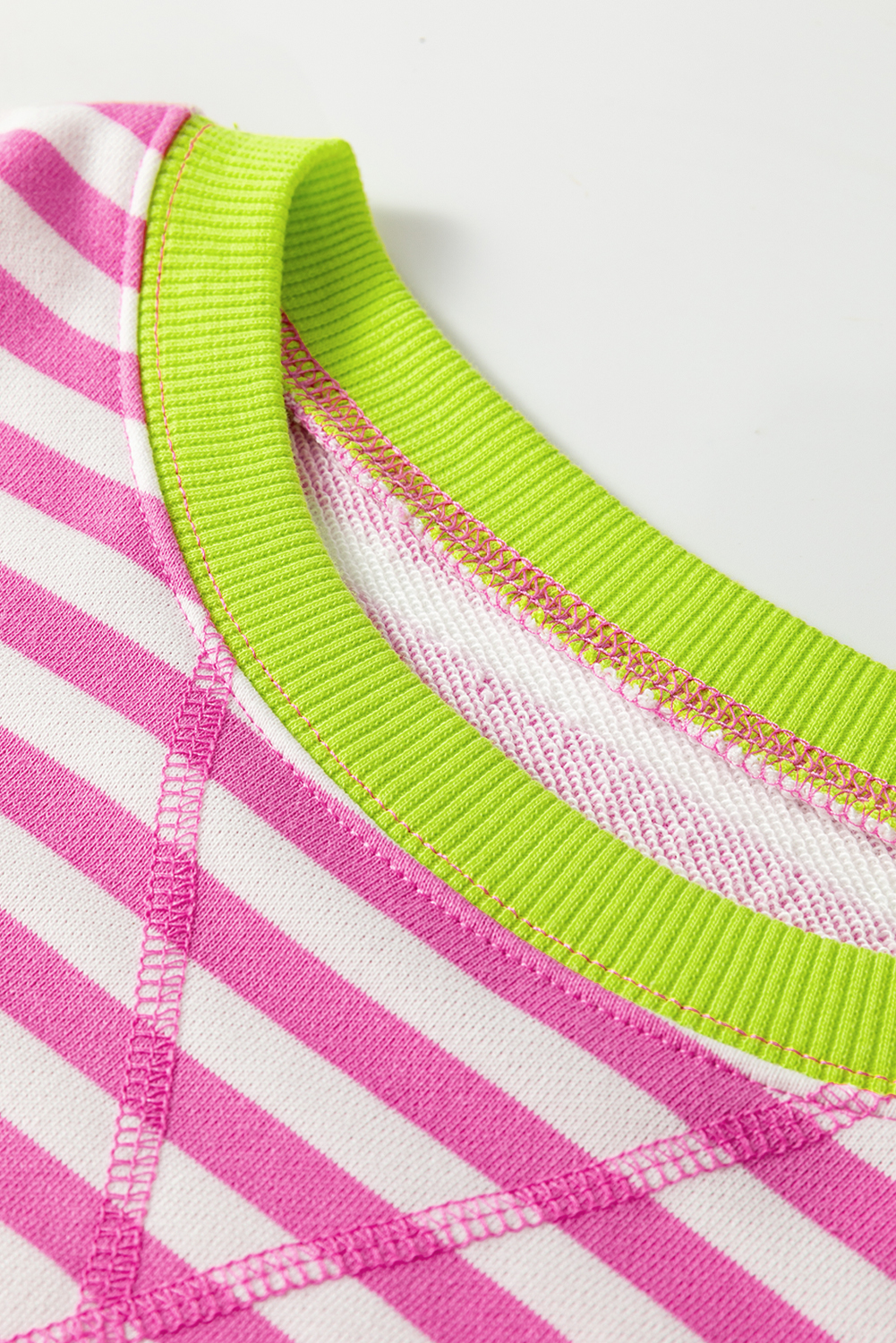 Red Stripe Contrast Ribbed Trim Crossed Stitch Drop Shoulder Sweatshirt