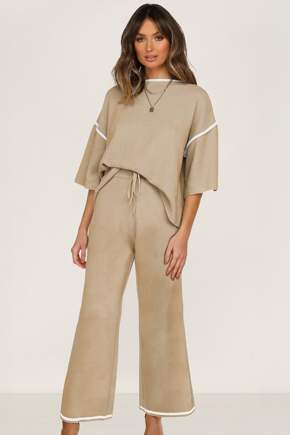 Blackish Green Contrast Trim Half Sleeve Top Drawstring Pants Loose 2pcs Sweater Suit