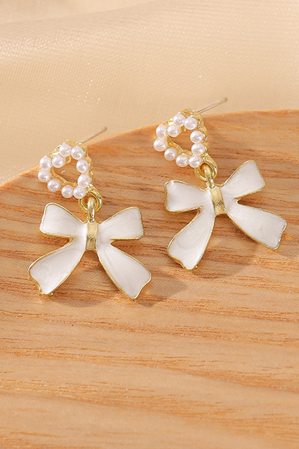 Gold Pearled Heart Shape Bow Knot Dangle Earrings