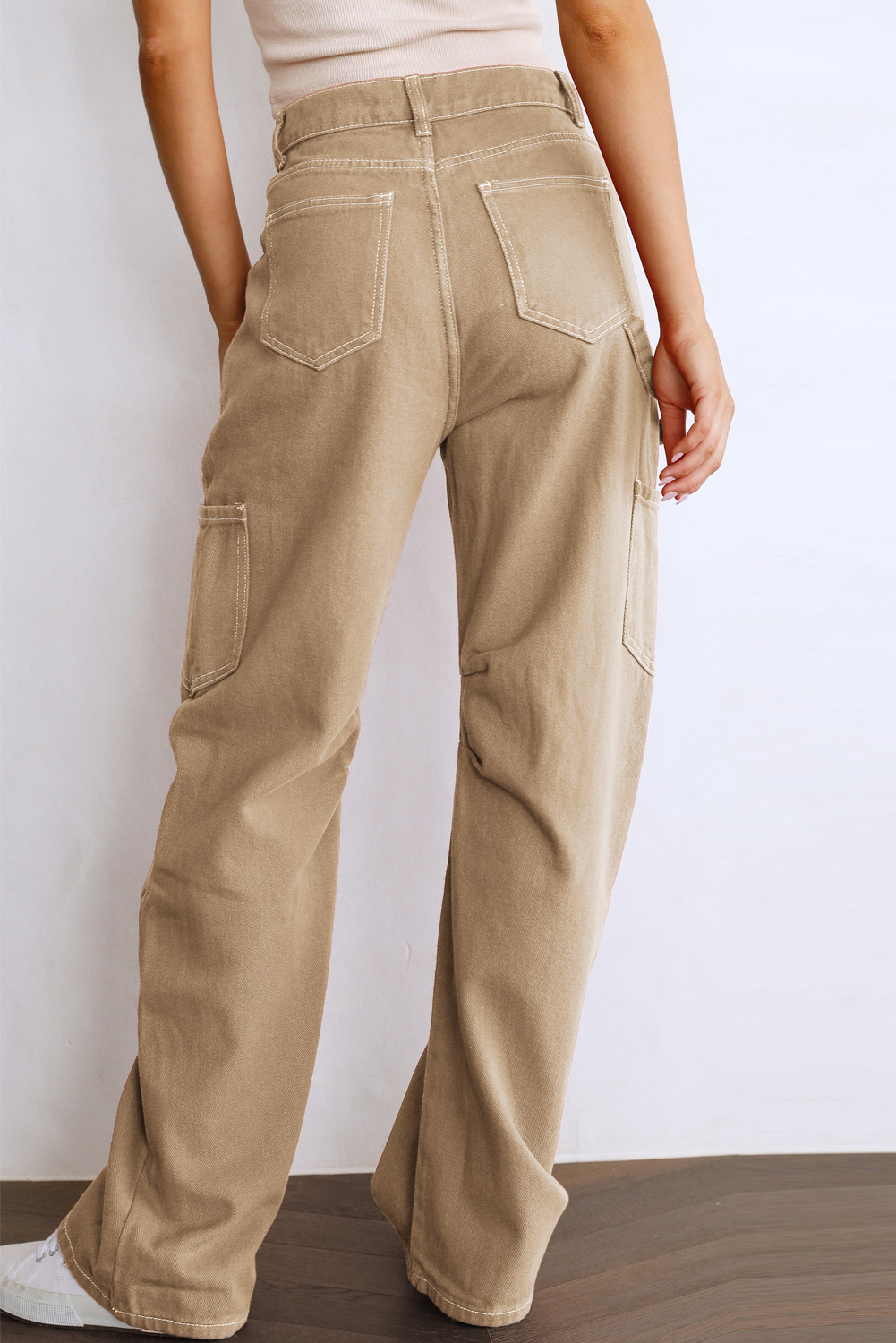 White High Waist Straight Leg Cargo Pants with Pockets