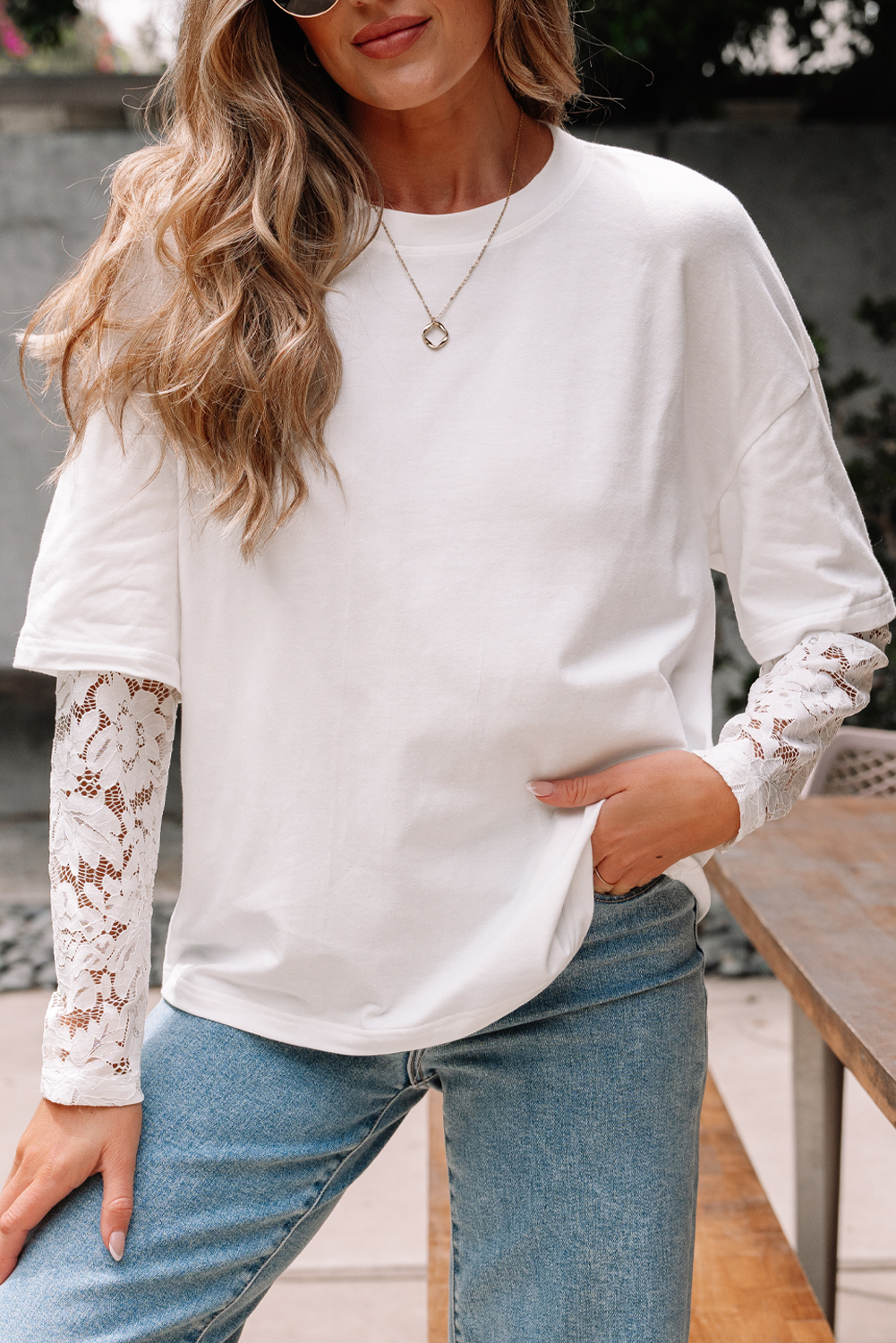 Black Lace Long Sleeve Insert Drop Shoulder Tee