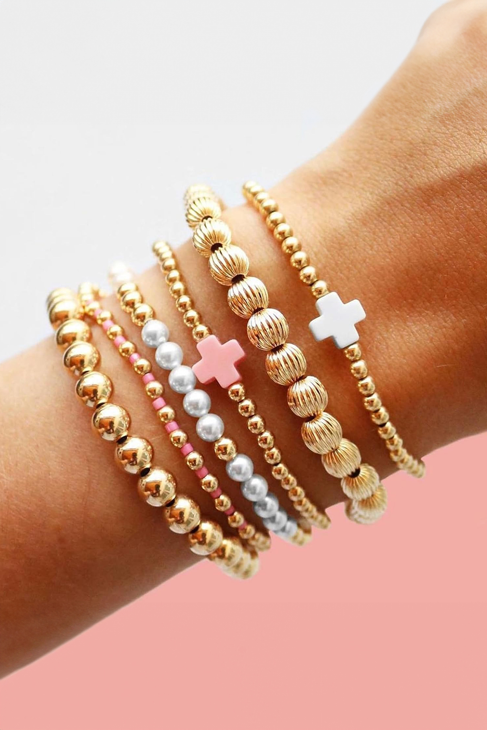 Gold Plated Beading Pearl Cross Decor Multilayer Bracelet