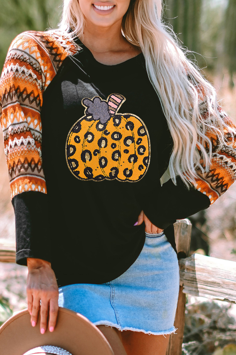 Orange Leopard Pumpkin Patched Contrast Long Sleeve Top