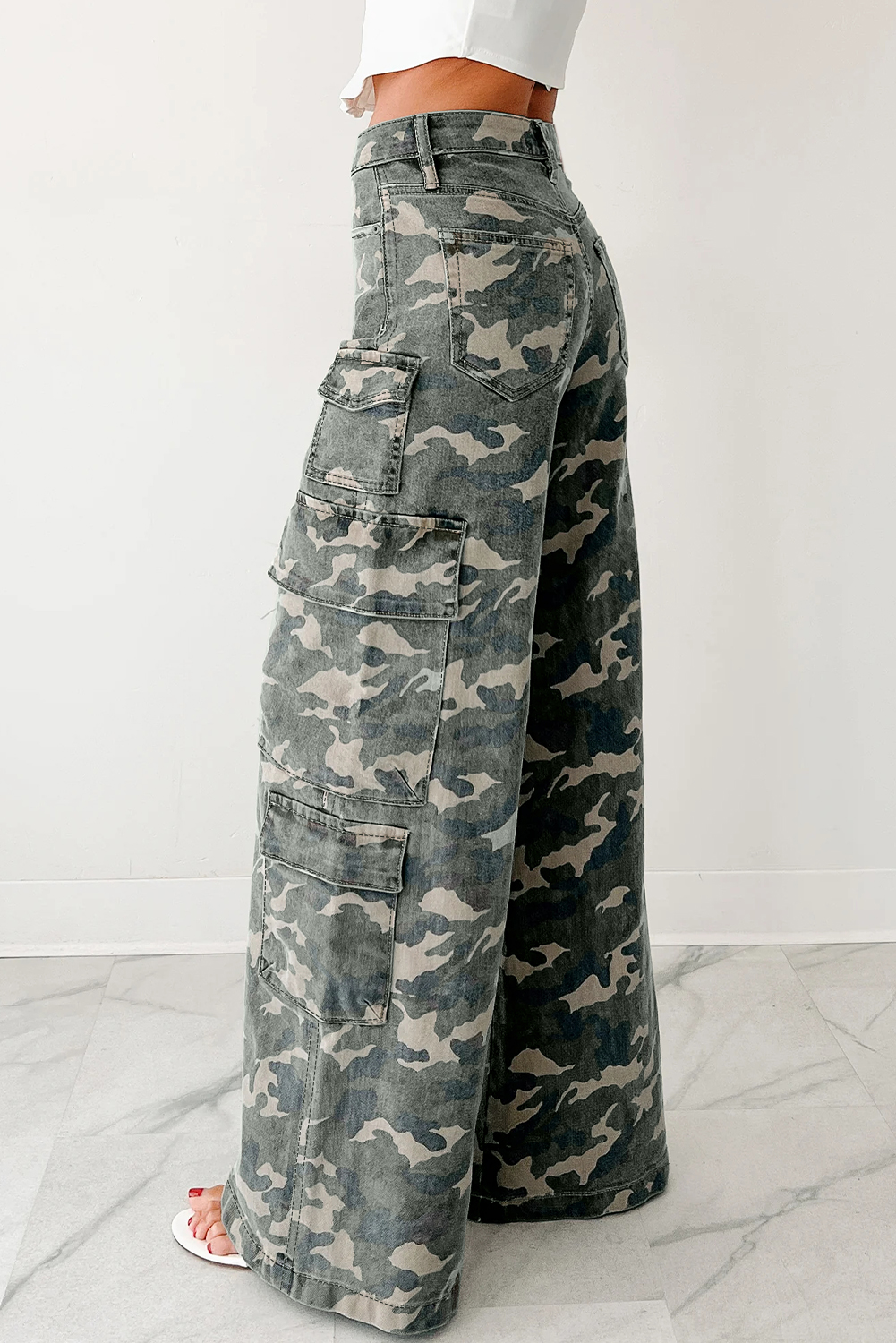 Green Camo Denim Cargo Wide Leg Pants