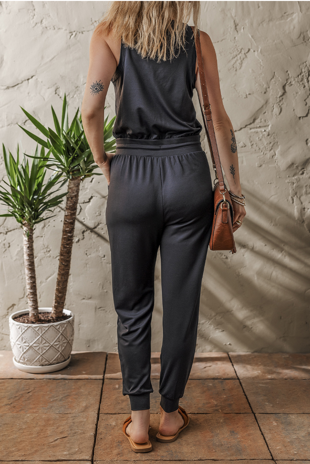 Black Casual Tank Style Tie Waist Pocketed Jogger Jumpsuit