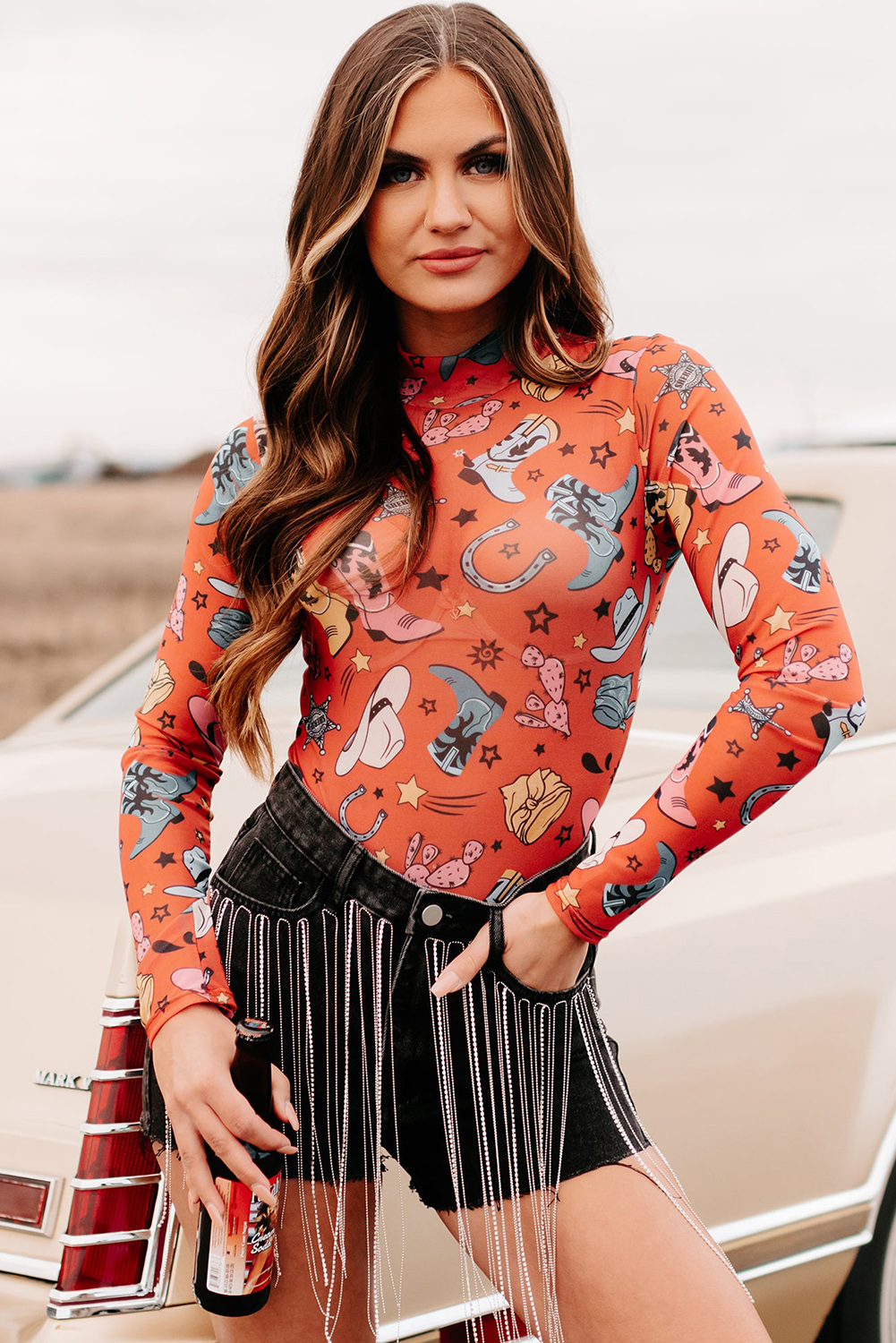 White Rodeo Bound Printed Long Sleeve Bodysuit