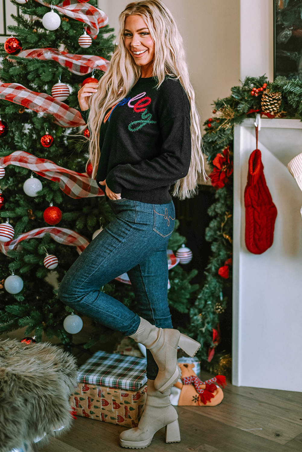 White Merry & Bright Round Neck Casual Sweater