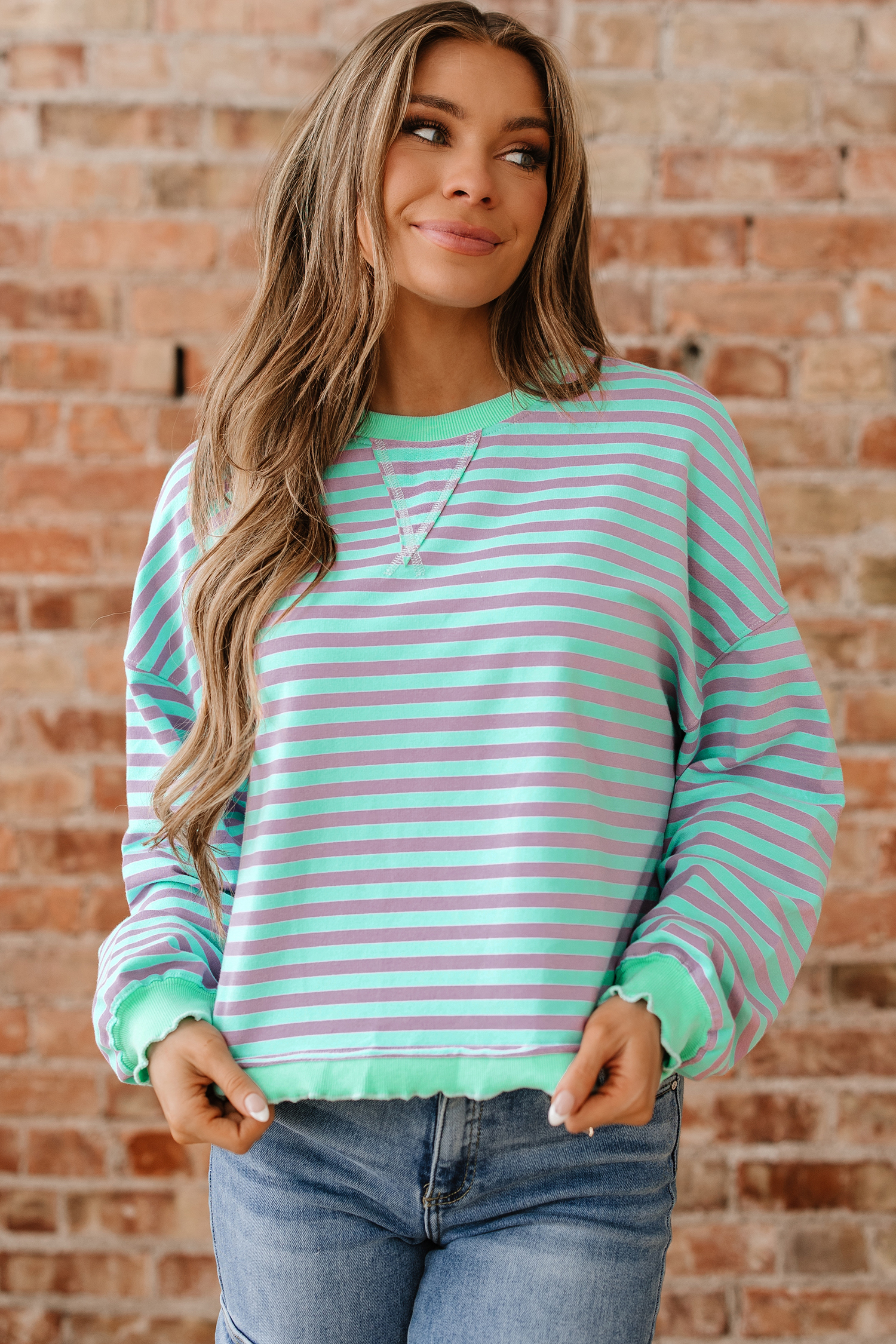 Green Stripe Exposed Seam Contrast Ribbed Trim Oversize Sweatshirt
