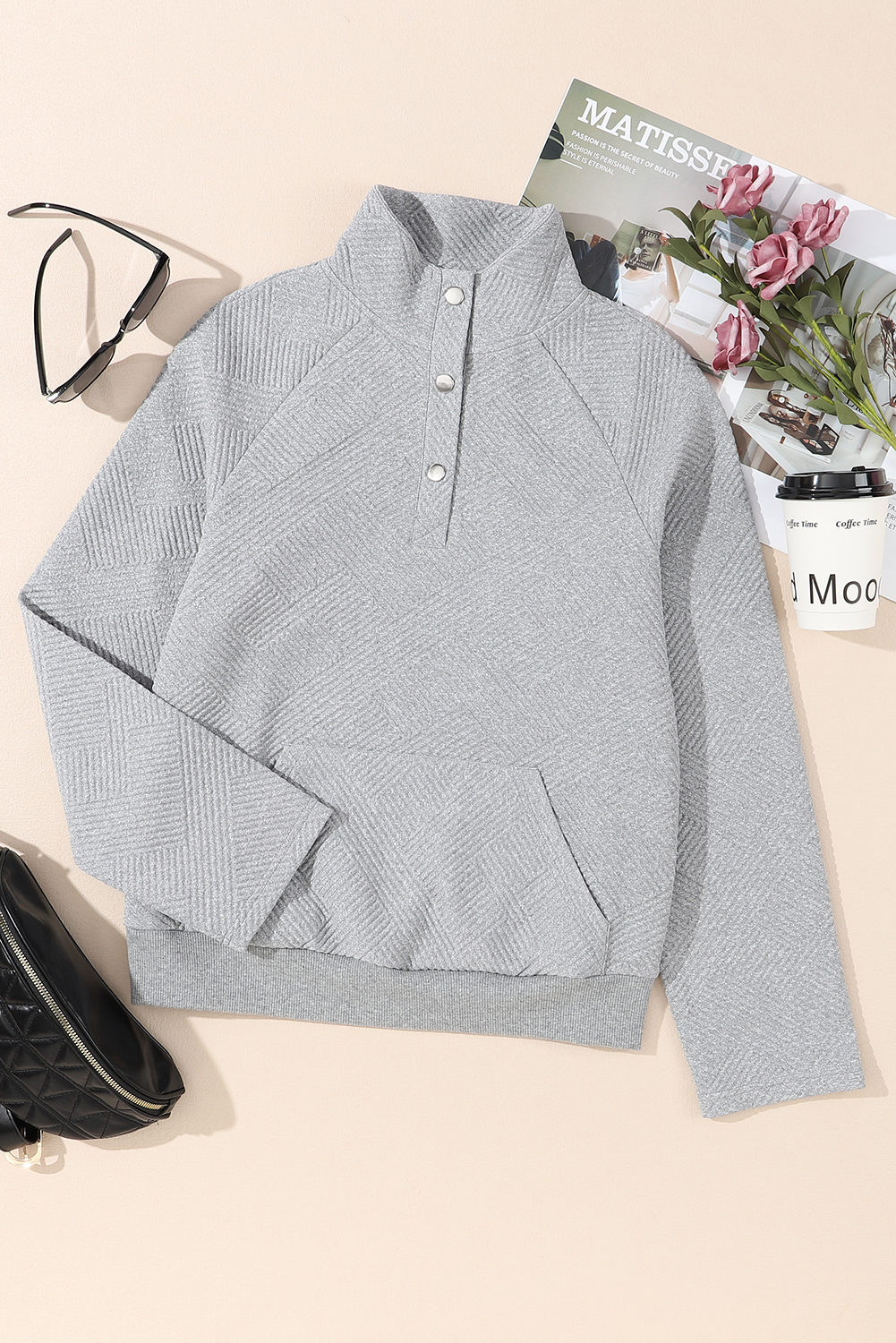 Apricot  Asymmetric Buttons Detail High Neck Textured Sweatshirt