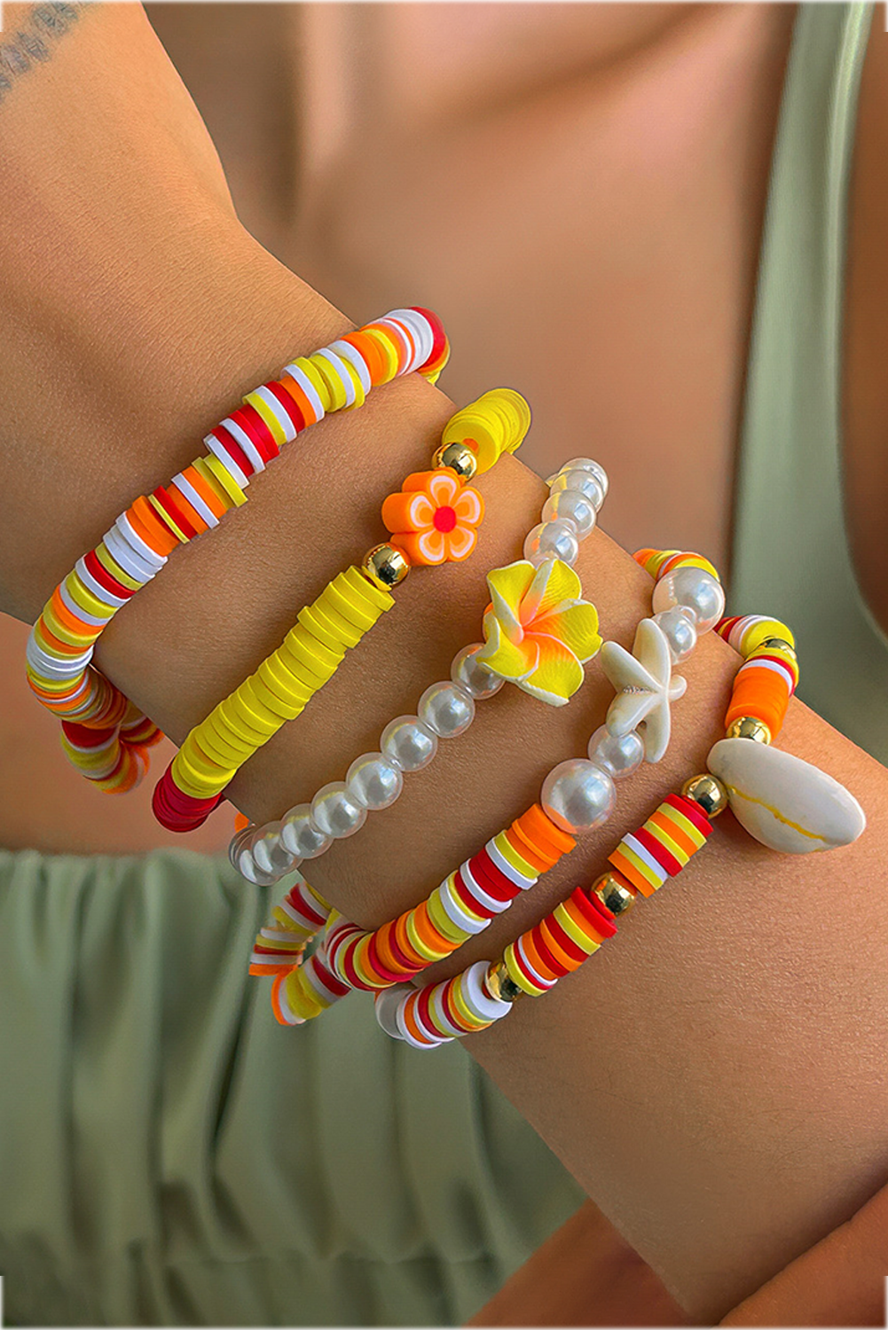 Yellow Starfish Shell Flower Pearl Beaded Multi Layer Bracelet