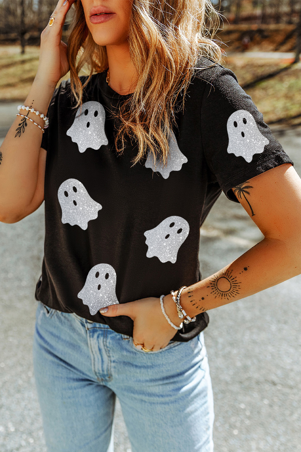 Wisteria Glitter Trim Chenille Ghost Patched Halloween Graphic Tee