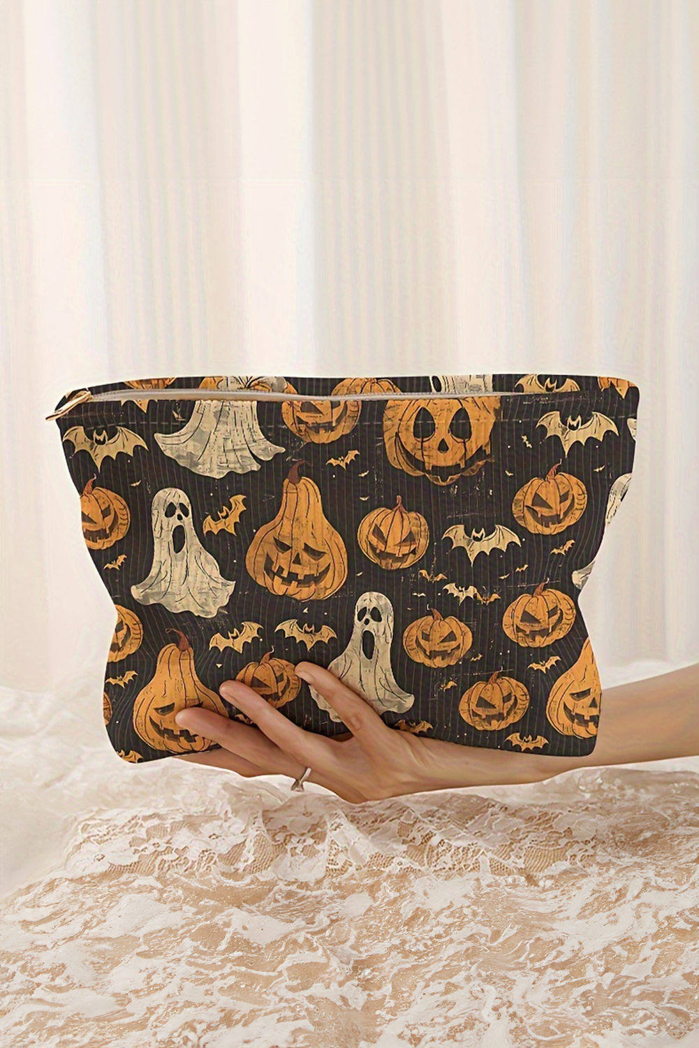 Black Striped Halloween Pumpkin Ghost Printed Makeup Bag