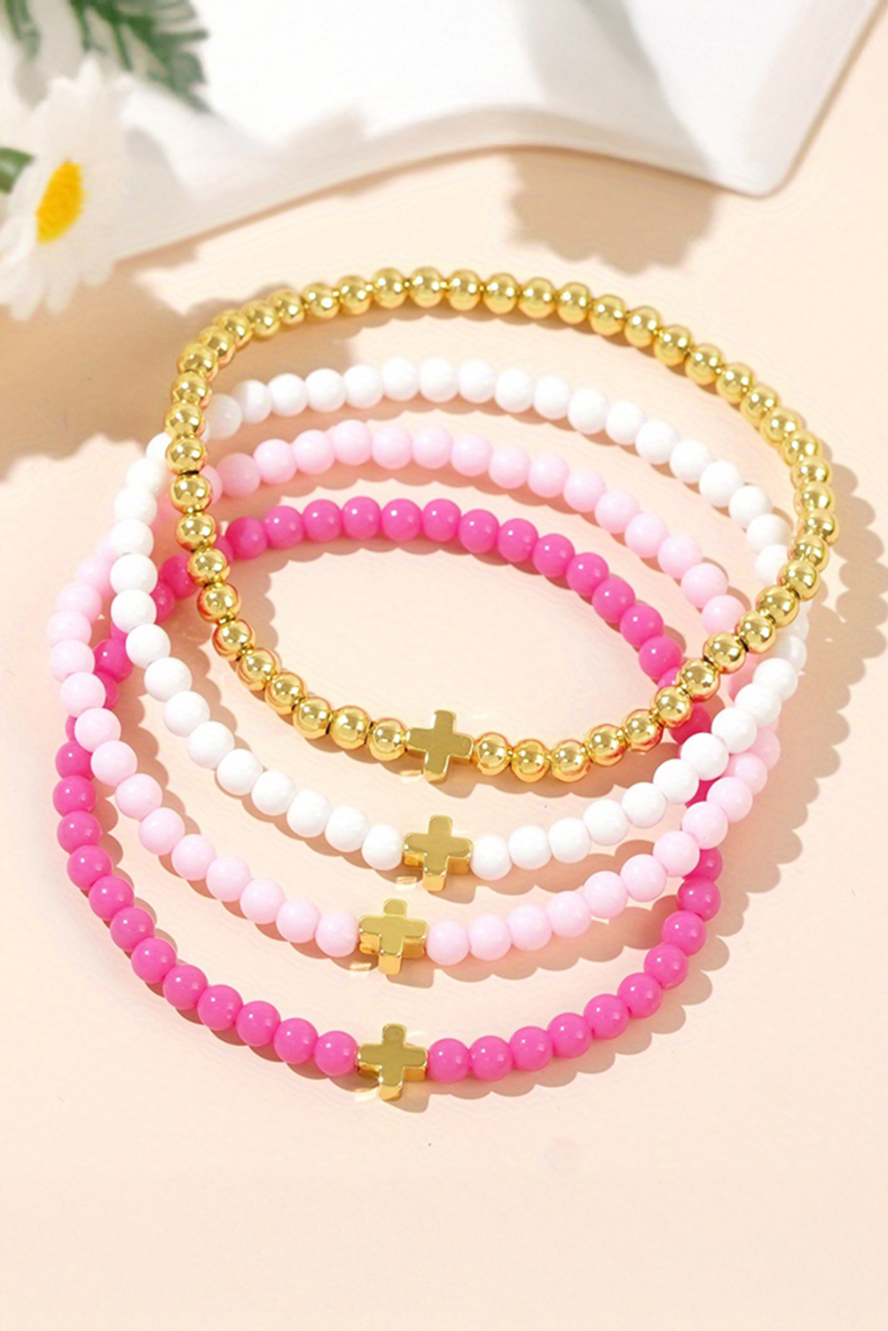 Gold Cross Beaded Multi Layered Elastic Bracelet Set